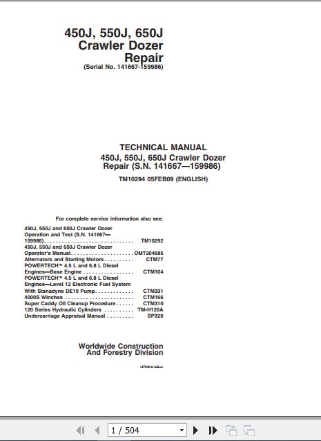 John Deere Crawler Dozer 450J 550J 650J Technical Repair Manual TM10294 1