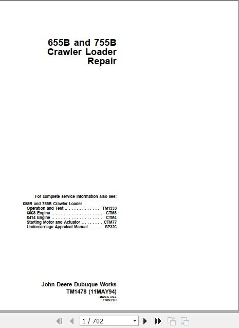 John Deere Crawler Dozer 655B 755B Technical Repair Manual TM1478 1
