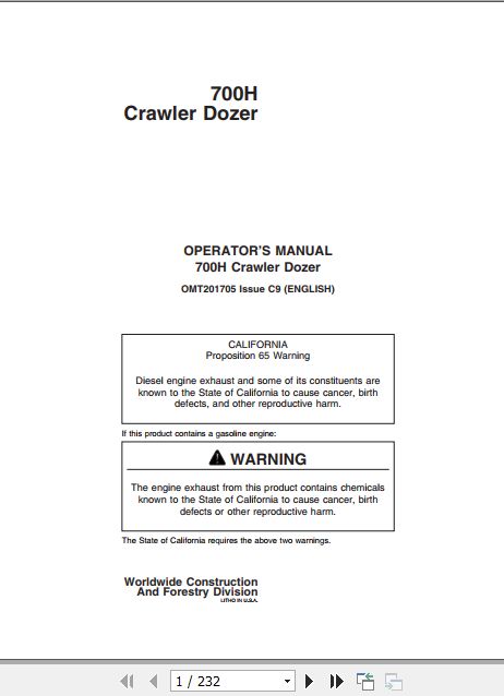 John Deere Crawler Dozer 700H Operators Manual OMT201705 1