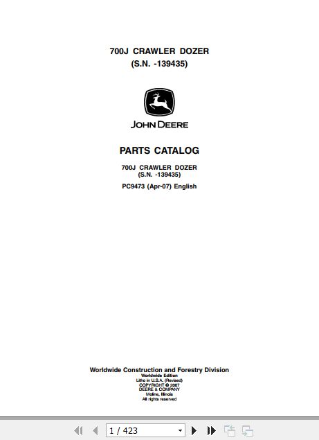 John Deere Crawler Dozer 700J Parts Catalog PC9473 1