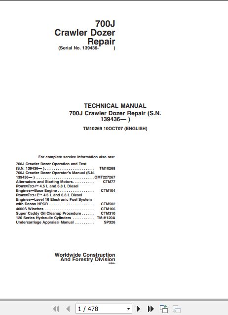 John Deere Crawler Dozer 700J Technical Repair Manual TM10269 1