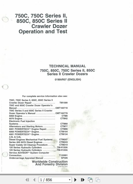 John Deere Crawler Dozer 750C 850C Operation And Test Manual TM1588 1