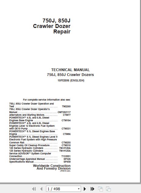 John Deere Crawler Dozer 750J 850J Technical Repair Manual TM2261 1