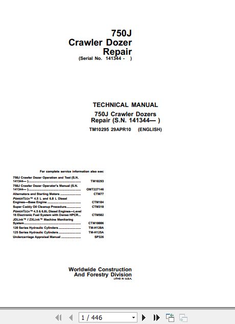 John Deere Crawler Dozer 750J Technical Repair Manual TM10295 1
