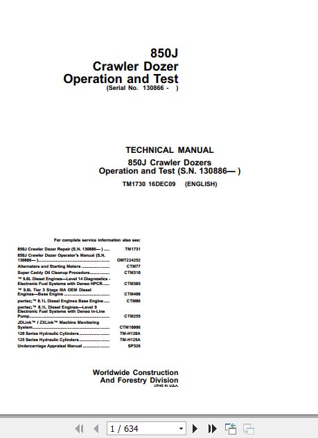 John Deere Crawler Dozer 850J Operation And Test Manual TM1730 1