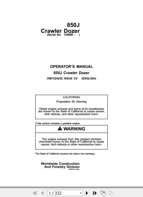 John Deere Crawler Dozer 850J Operators Manual OMT224252 1