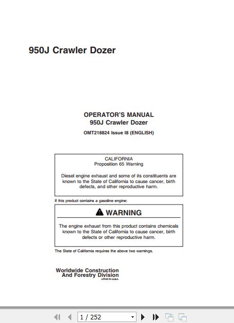 John Deere Crawler Dozer 950J Operators Manual OMT218824 1