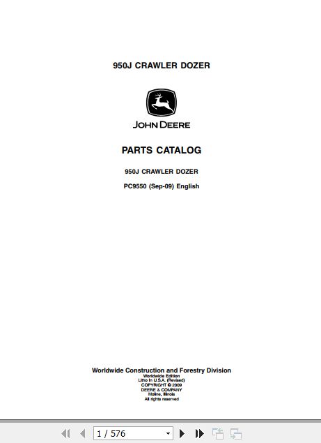 John Deere Crawler Dozer 950J Parts Catalog PC9550 1