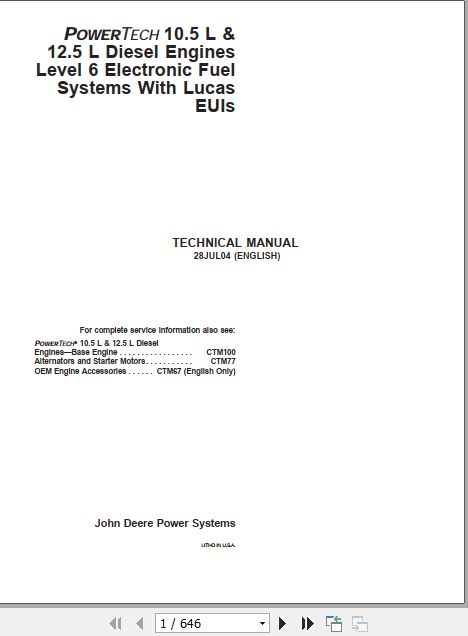 John Deere Diesel Engine Powertech 10.5 L 12.5 L Technical Manual CTM188 1
