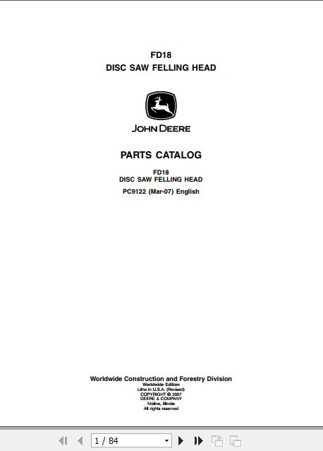 John Deere Disc Saw Felling Head FD18 Parts Catalog PC9122 1