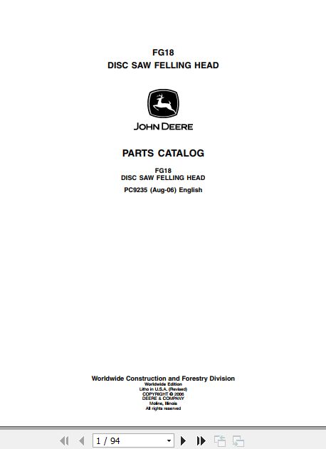John Deere Disc Saw Felling Head FG18 Parts Catalog PC9235 1