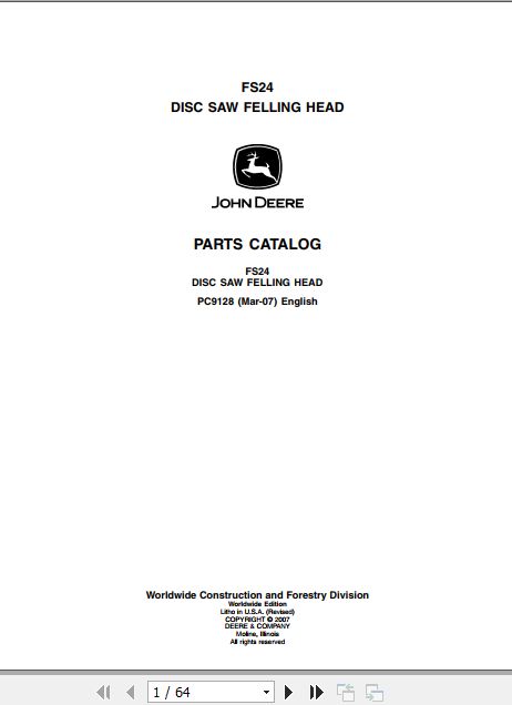 John Deere Disc Saw Felling Head FS24 Parts Catalog PC9128 1