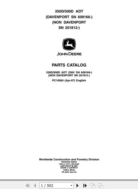 John Deere Dump Trucks 250D 300D 250ADT 300ADT Parts Catalog PC10004 1