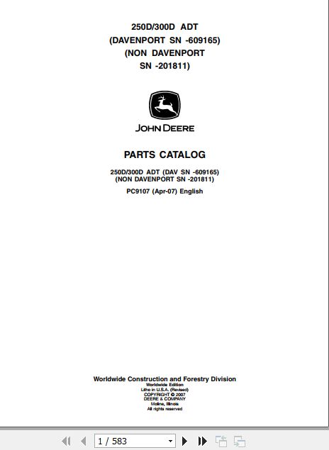 John Deere Dump Trucks 250D 300D 250ADT 300ADT Parts Catalog PC9107 1
