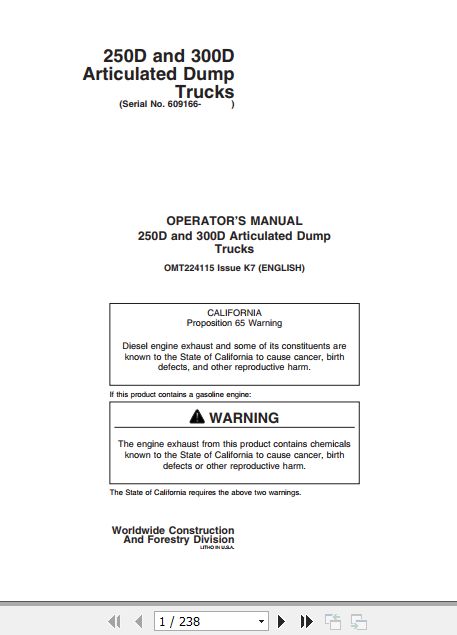 John Deere Dump Trucks 250D 300D Operators Manual OMT224115 1