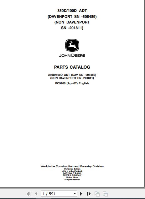 John Deere Dump Trucks 350D 400D 350ADT 400ADT Parts Catalog PC9106 1
