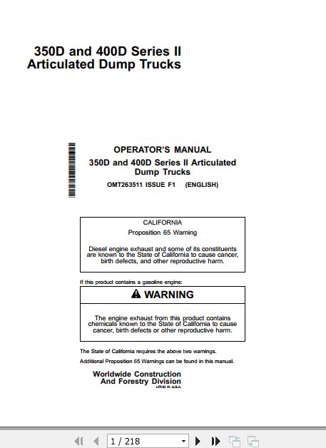 John Deere Dump Trucks 350D 400D Series II Operators Manual OMT263511 1