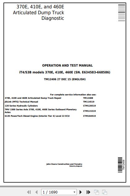 John Deere Dump Trucks 370E 410E 460E Operation And Test Manual TM12406 1
