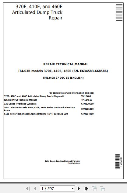 John Deere Dump Trucks 370E 410E 460E Repair Technical Manual TM12408 1