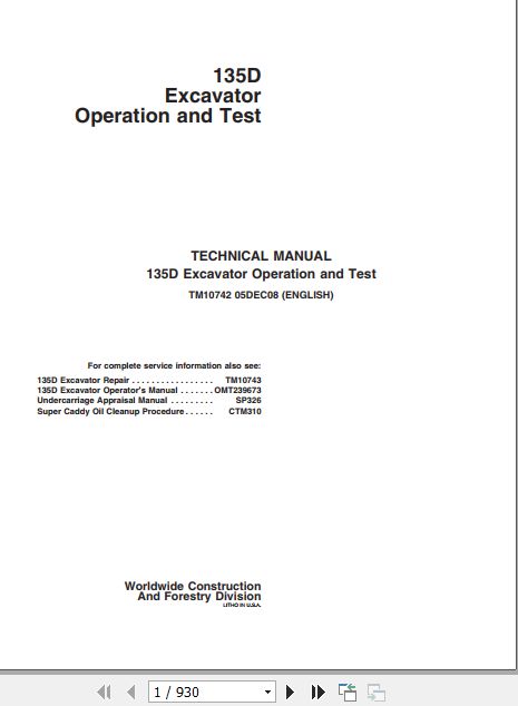 John Deere Excavator 135D Operation and Test Manual TM10742 1