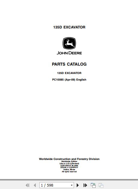 John Deere Excavator 135D Parts Catalog PC10085 1