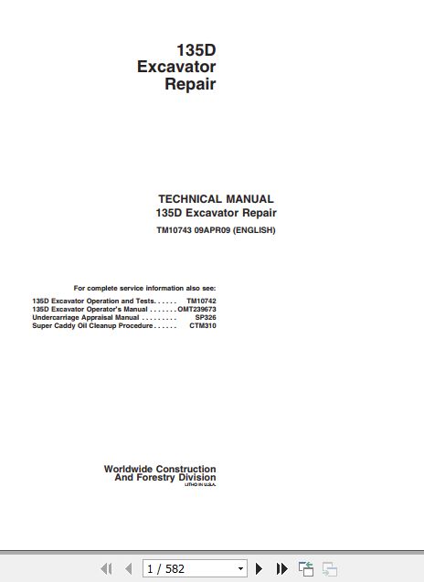 John Deere Excavator 135D Technical Repair Manual TM10743 1