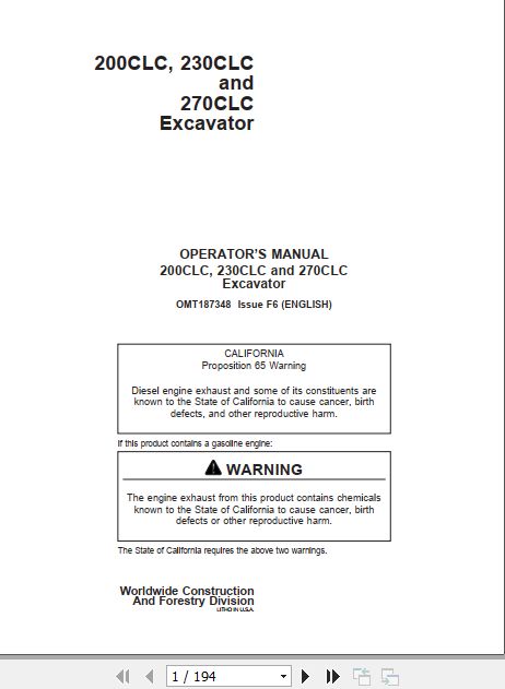John Deere Excavator 200CLC 230CLC 270CLC Operators Manual OMT187348 1
