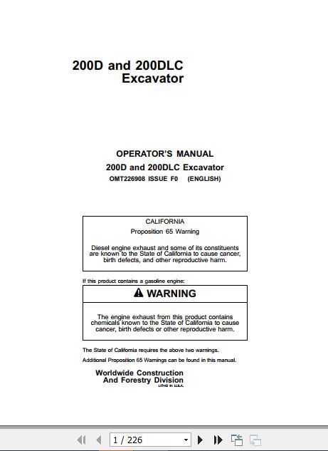 John Deere Excavator 200D 200DLC Operators Manual OMT226908 1