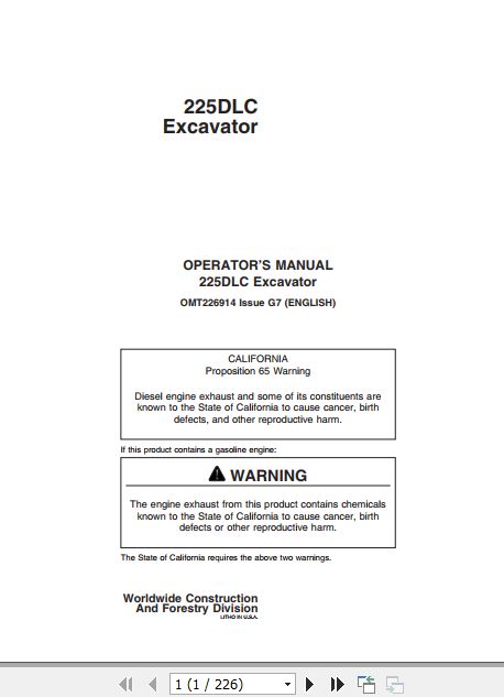 John Deere Excavator 225DLC Operators Manual OMT226914 1