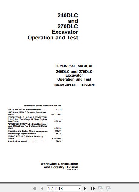John Deere Excavator 240DLC 270DLC Operation and Test Manual TM2320 1