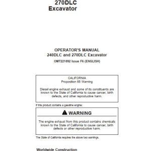 John Deere Excavator 240DLC 270DLC Operators Manual OMT221092 1