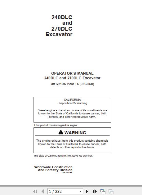 John Deere Excavator 240DLC 270DLC Operators Manual OMT221092 1