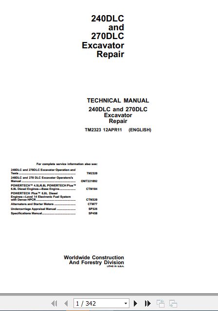 John Deere Excavator 240DLC 270DLC Technical Repair Manual TM2323 1