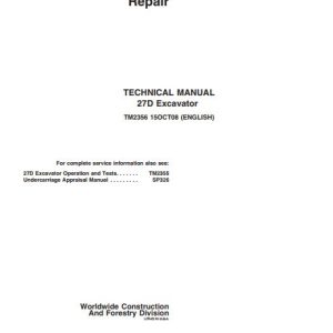 John Deere Excavator 27D Technical Repair Manual TM2356 1