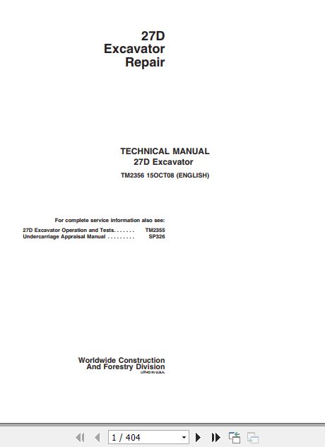 John Deere Excavator 27D Technical Repair Manual TM2356 1