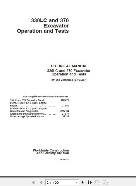 John Deere Excavator 330LC 370 Operation and Tests Manual TM1669 1