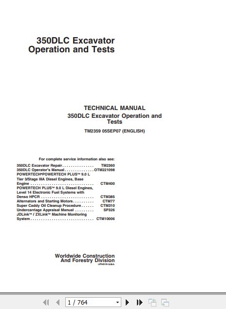 John Deere Excavator 350DLC Operation and Tests Manual TM2359 1