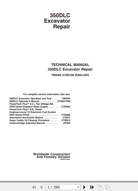John Deere Excavator 350DLC Technical Repair Manual TM2360 1
