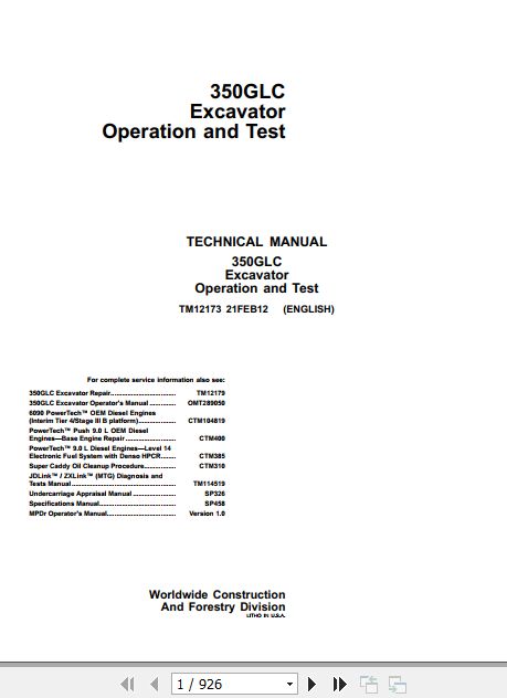 John Deere Excavator 350GLC Operation And Test Manual TM12173 1