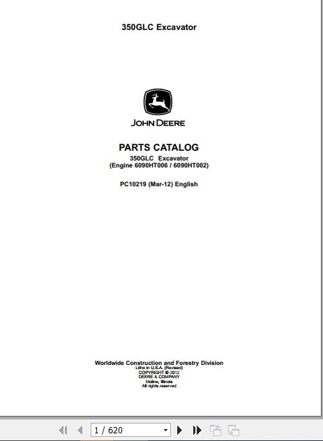 John Deere Excavator 350GLC Parts Catalog PC10219 1