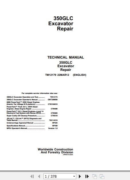 John Deere Excavator 350GLC Technical Repair Manual TM12179 1