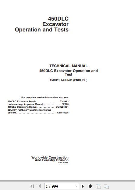 John Deere Excavator 450DLC Operation And Test Manual TM2361 1