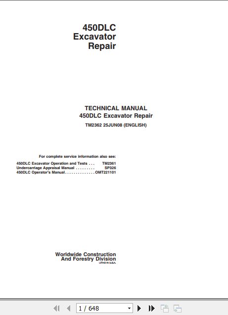 John Deere Excavator 450DLC Technical Repair Manual TM2362 1