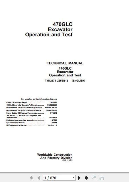 John Deere Excavator 470GLC Operation And Test Manual TM12174 1