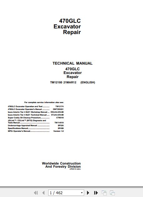 John Deere Excavator 470GLC Technical Repair Manual TM12180 1