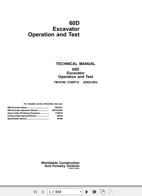 John Deere Excavator 60D Operation and Test Manual TM10760 1