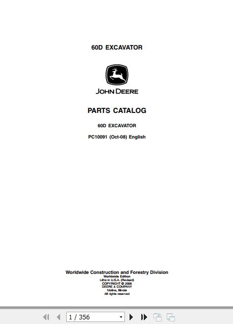 John Deere Excavator 60D Parts Catalog PC10091 1
