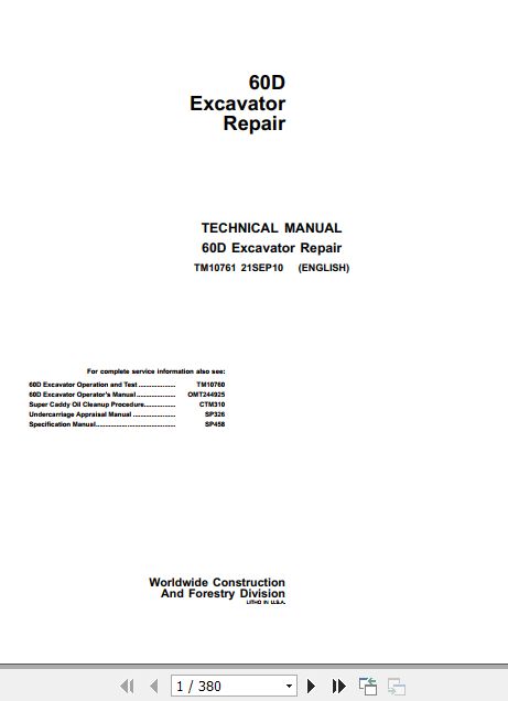 John Deere Excavator 60D Technical Repair Manual TM10761 1