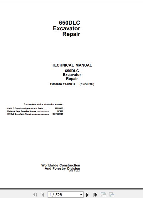 John Deere Excavator 650DLC Technical Repair Manual TM10010 1