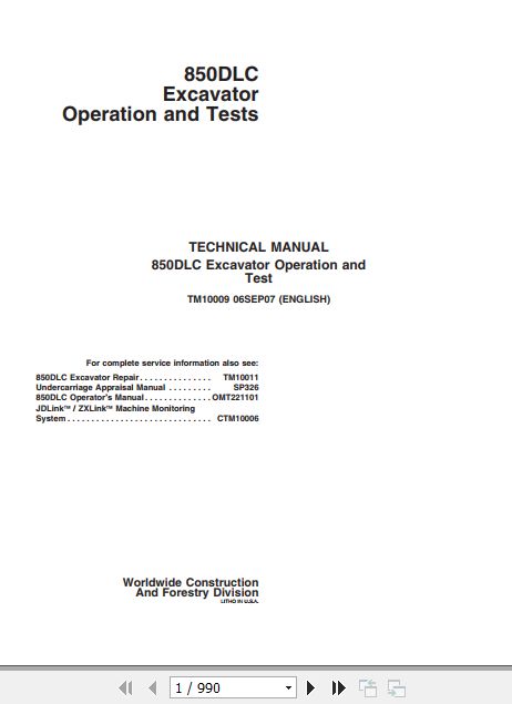 John Deere Excavator 850DLC Operation And Test Manual TM10009 1